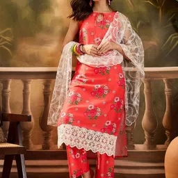 Sangria Floral Printed Tie-Up Neck Thread Work Straight Kurta With Palazzos And Dupatta-image-62