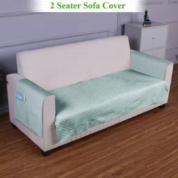 HOKIPO Blue Self Design Quilted Polyester 2 Seater Sofa Cover With Arms-picture-16