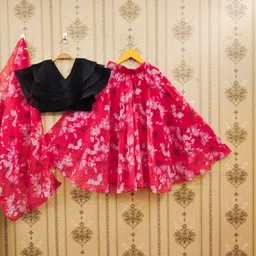 Sangria Girls Floral Printed V-Neck Flared Lehenga Choli With Dupatta-picture-14