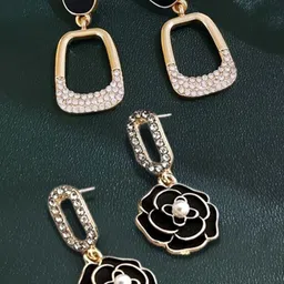 Krelin Set Of 2 Gold-Plated Rhinestone Studded & Beaded Floral Shaped Drop Earrings-picture-30
