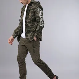 HIGHLANDER Men Olive Green Slim Fit Camouflage Printed Casual Hooded Shirt-picture-33