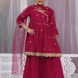 Little Bansi Girls Ethnic Motifs Embroidered Angrakha Thread Work Pure Cotton Kurta with Sharara & With-picture-42