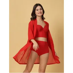 Cukoo Red Padded Solid Bikini Top with Bottom & Cover-Up (Set of 3)-image-99
