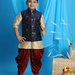 Vastramay Full Sleeves Solid Kurta And Dhoti With Floral Embroidered Jacket - Golden Navy Blue Maroon-picture-25
