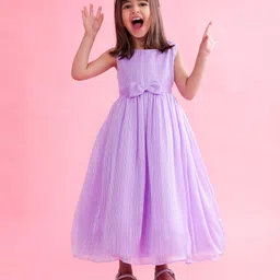 Babyhug Woven Sleeveless Party Gown with Bow Applique & Stripe Design-Lavender-image-91