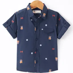 Dew Drops Poplin Knit Half Sleeves Bear Printed Shirt- Navy Blue-picture-28