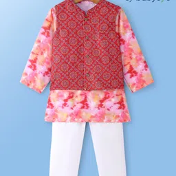 Babyoye Woven Full Sleeves Printed Kurta Pyjama Set with Bandhani Print Jacket - Multicolour-picture-15