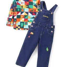 Babyhug Single Jersey Knit Full Sleeves Geometric Printed T-Shirt & Text Embroidered Dungaree - Navy Blue-picture-18