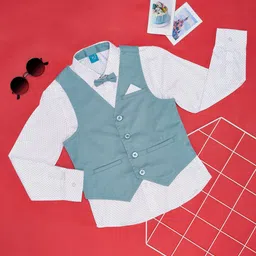 YU by Pantaloons Cotton Full Sleeves Polka Dots Printed Shirt With Solid Waistcoat & Bow - Blue-picture-20