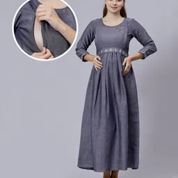 Dummy Shape Three Fourth Sleeves Abstract Printed Maternity Flared Kurta With Attached Floral Embroidered Belt & Concealed Zipper Nursing Access - Purple image 1