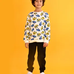 Anthrilo Fleece Full Sleeves Cars Printed Sweatshirt With Joggers Set - White & Black-picture-32