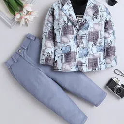Fourfolds Cotton Blend Full Sleeves Abstract Printed Blazer With Tee & Trousers Set - Sky Blue-picture-19