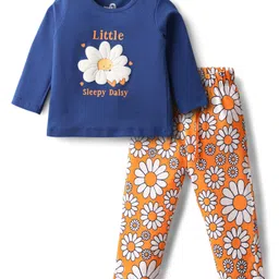 Doodle Poodle 100% Cotton Knit Full Sleeves Night Suit with Floral Print - Navy Blue-picture-26