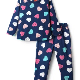 Babyhug Cotton Knit Full Length Co-ords Night Suit With Heart Print - Navy Blue-picture-24