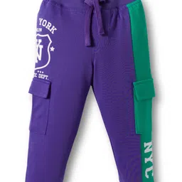 Babyhug French Terry Knit Full Length Lounge Pant With Text Patch - Purple-picture-39