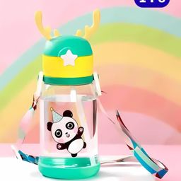 Bubble Trouble Plastic Deer Horn Shape Water Bottle With Straw & Strap BPA Free Non-Toxic, Anti-Leak With Cartoon Design Water Bottle For Kids, School, Home (600ml) - Green-picture-37