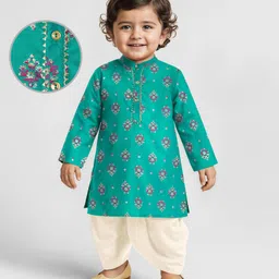 EARTHY TOUCH Viscose Woven Full Sleeves Kurta Dhoti Set With Floral Print - Teal Blue image 1