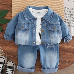 Googo Gaaga Cotton Denim Typography Printed Tee & Jeans With Full Sleeves Mild Wash Jacket Set - Blue image 1