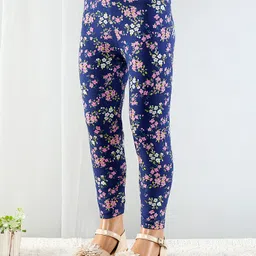 Babyhug Cotton Lycra Full Length Floral Printed Leggings With Stretch - Navy Blue image 2