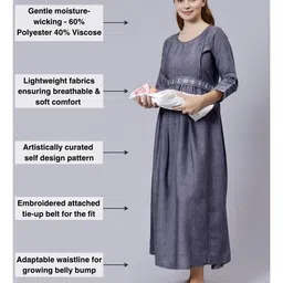 Dummy Shape Three Fourth Sleeves Abstract Printed Maternity Flared Kurta With Attached Floral Embroidered Belt & Concealed Zipper Nursing Access - Purple image 3