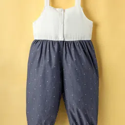 Little Kangaroos Cotton Knit Sleeveless Jumpsuit With Polka Dot & Bow Applique - White & Navy Blue image 2
