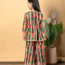 READIPRINT Chanderi Silk Three Fourth Sleeves Floral Printed Lace Embellished Kurta With Sharara - Green image 3