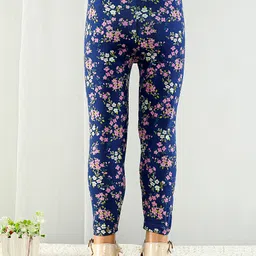 Babyhug Cotton Lycra Full Length Floral Printed Leggings With Stretch - Navy Blue image 3