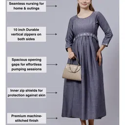 Dummy Shape Three Fourth Sleeves Abstract Printed Maternity Flared Kurta With Attached Floral Embroidered Belt & Concealed Zipper Nursing Access - Purple image 4