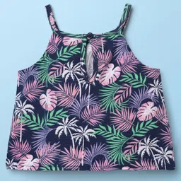 Babyhug Single Jersey Knit Sleeveless Top & Shorts Set with Tropical Theme Print & Bow Applique - White & Navy Blue image 3