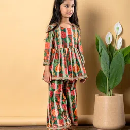 READIPRINT Chanderi Silk Three Fourth Sleeves Floral Printed Lace Embellished Kurta With Sharara - Green image 4