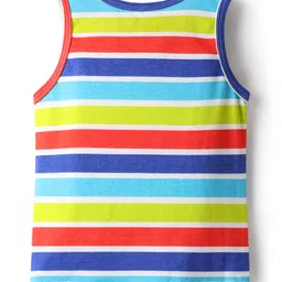 Babyhug 100% Cotton Single Jersey Knit Sleeveless Sando With Stripes & Dino Print Pack Of 3 - Red & Navy Blue image 3