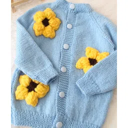 Woonie Hand Knitted Full Sleeves Floral Designed Sweater - Sky Blue image 4