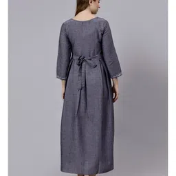 Dummy Shape Three Fourth Sleeves Abstract Printed Maternity Flared Kurta With Attached Floral Embroidered Belt & Concealed Zipper Nursing Access - Purple image 5