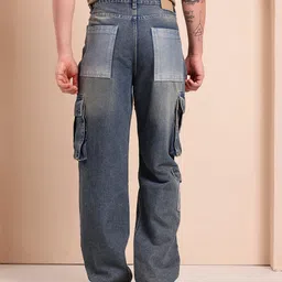 Mast & Harbour Men Relaxed Fit Contrast Panel Light Fade Cargo Style Jeans image 3