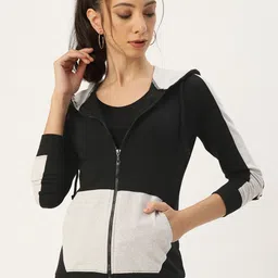 ARISE Women Black & White Colourblocked Hooded Sweatshirt-image-17
