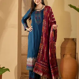 Sangria Ethnic Motifs Woven Design Winter Pashmina Unstitched Dress Material-image-33