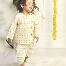Polka Tots Full Sleeves Elephant Printed Angarkha Kurta With Solid Dhoti - Cream-picture-47