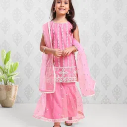 Babyhug Sleeveless Kurti & Sharara With Dupatta Embroidered - Pink-picture-12