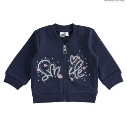 iDO Italy Cotton Full Sleeves Jacket Glitter Text Print- Navy Blue image 1