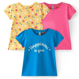 Babyhug Cotton Knit Half Sleeves Tops with Polka Dots & Floral Print Pack of 3 - Pink Blue & Yellow-picture-17