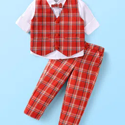 Babyhug Woven Full Sleeves Checkered 3 Piece Party Suit With Bow - Red-picture-10