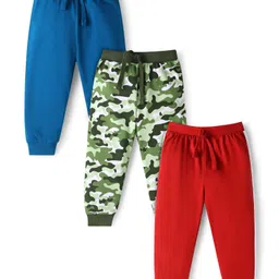 Babyhug Single Jersey Knit Full Length Solid Track Pants with Camouflage Print Pack of 3 - Blue Red & Green-picture-13