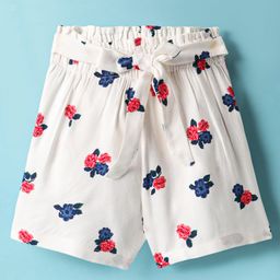 CrayonFlakes Rayon Floral Printed Shorts With Bow Applique Detailed Attached Belt - Off White-picture-6