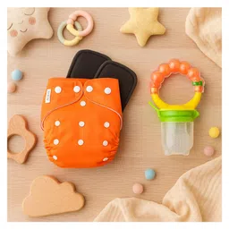 AEREX Reusable Baby Cloth Diapers For 6 Months to 3 Years With 2 Insert Pads & Rattler Fruit Nibbler Soft Pacifier Leak Proof Washable Diapers For New Born Babies Fruit Teether for Infants-picture-31