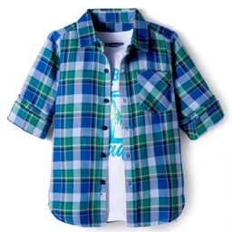 Pine Kids Cotton Woven Full Sleeves Checks Shirt With Printed T-Shirt - Navy Blue image 1