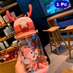 Bubble Trouble Plastic Deer Horn Shape Water Bottle With Straw & Strap BPA Free Non-Toxic, Anti-Leak With Cartoon Design Water Bottle For Kids, School, Home (600ml) - Pink-picture-36
