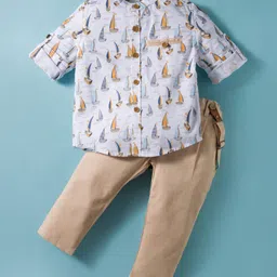 ToffyHouse Poplin Woven Full Sleeves Shirt & Pant Set With Nautical Theme Print & Suspender - Tan image 1