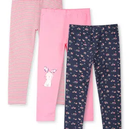Ariel Cotton Knit Pack Of 3 Striped & Floral Printed Leggings - Pink & Navy Blue-picture-34