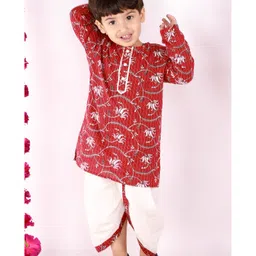 Little Bansi Full Sleeves Kantha Work Floral Print Kurta And Dhoti - Brown And White image 3