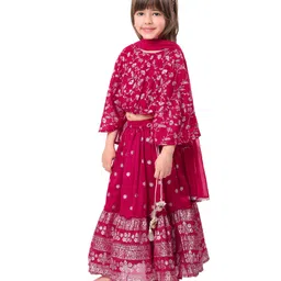 Babyhug Woven Three Fourth Sleeves Floral Foil Printed Bluson Choli Lehenga Set with Dupatta & Tassle Detailing - Hot Pink image 2
